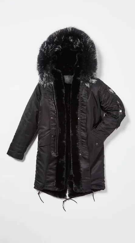 Womens Black Water-Repellent Luxy Fur Parka - 3/4 Black Mist